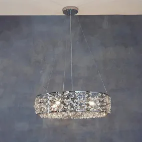 Modern Crystal Encrusted Pendant Chandelier with Drum Shade - 4 Lights, Chrome Finish