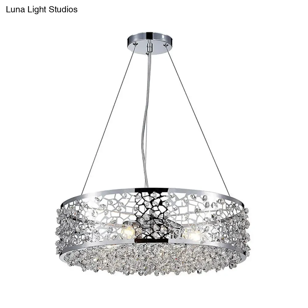 Modern Crystal Encrusted Pendant Chandelier with Drum Shade - 4 Lights, Chrome Finish