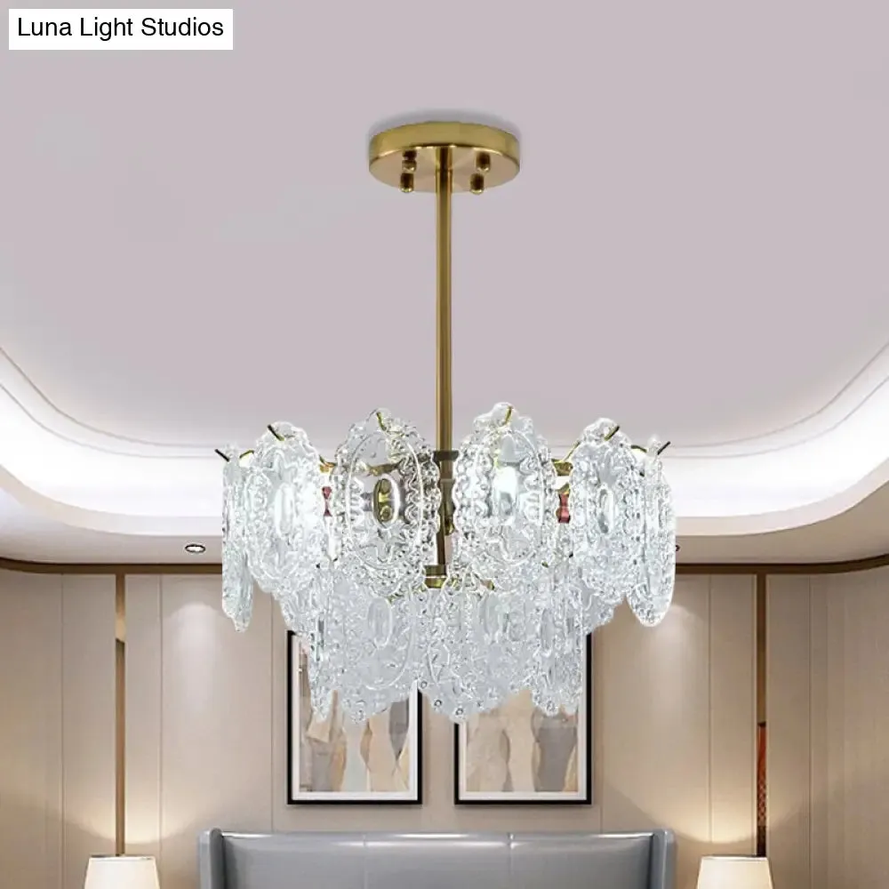 Modern Gold Glass Chandelier: Layered Scalloped Design, 4/6 Clear Bulbs, Hanging Bedroom Light Fixture