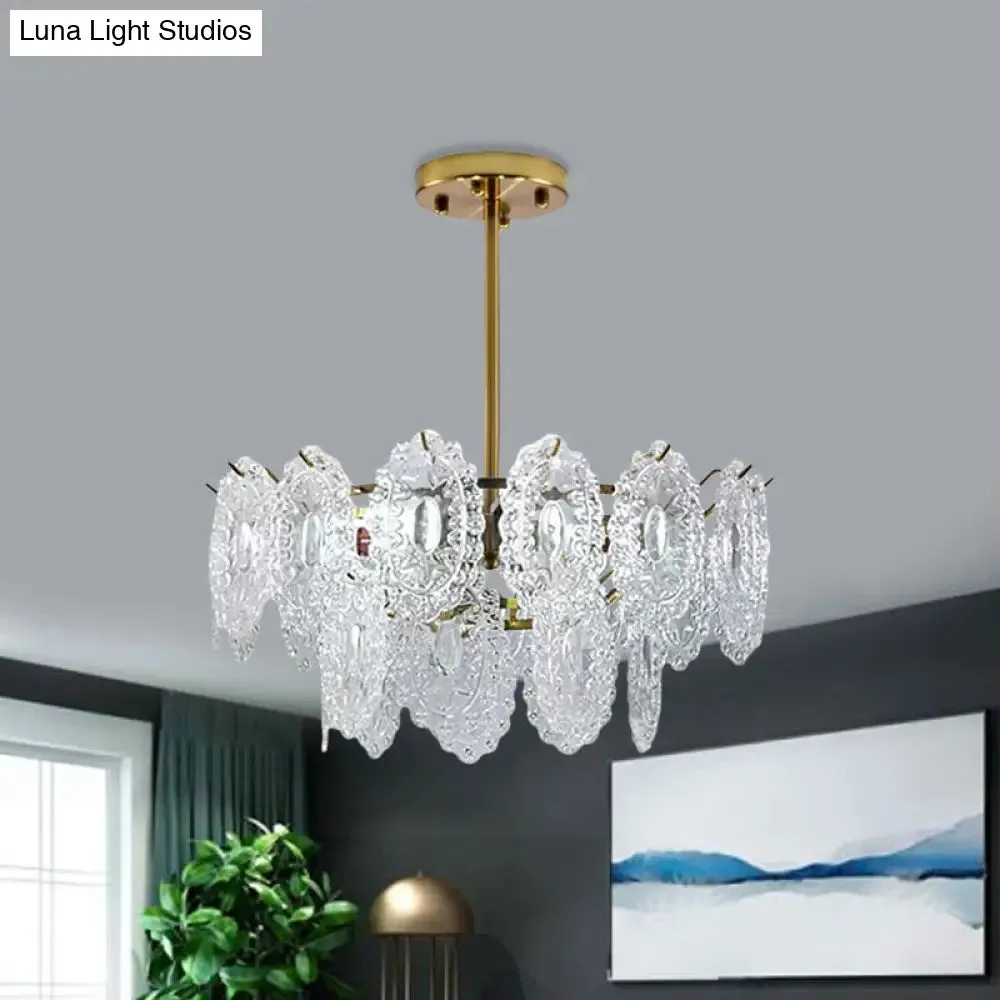 Modern Gold Glass Chandelier: Layered Scalloped Design, 4/6 Clear Bulbs, Hanging Bedroom Light Fixture