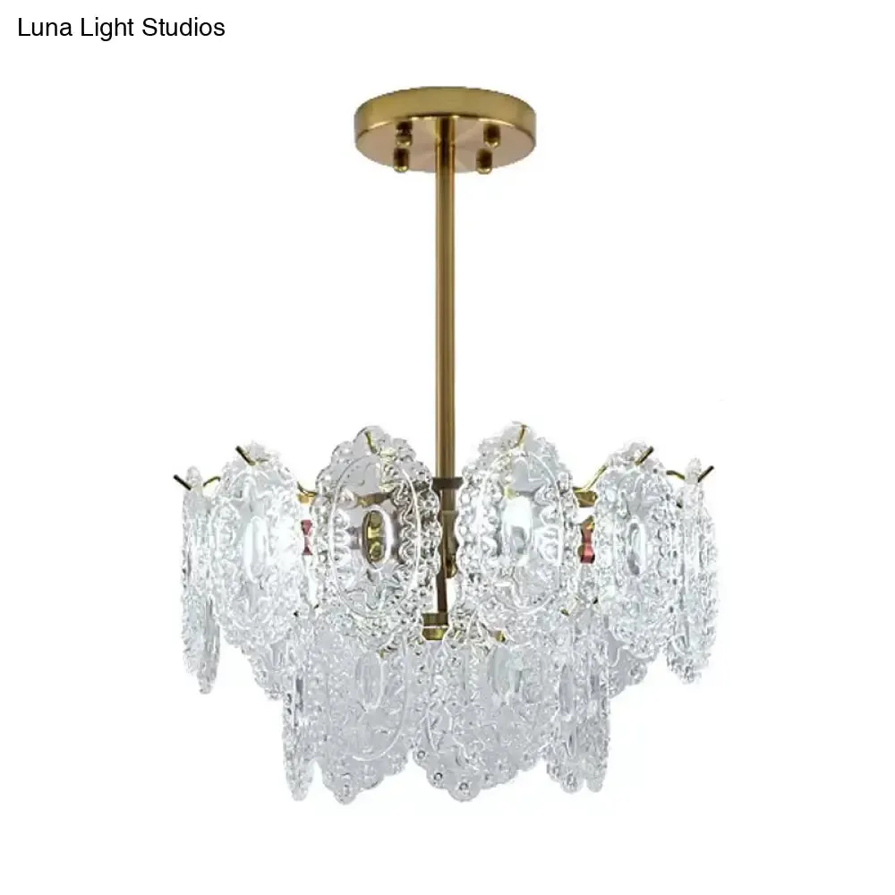 Modern Gold Glass Chandelier: Layered Scalloped Design, 4/6 Clear Bulbs, Hanging Bedroom Light Fixture