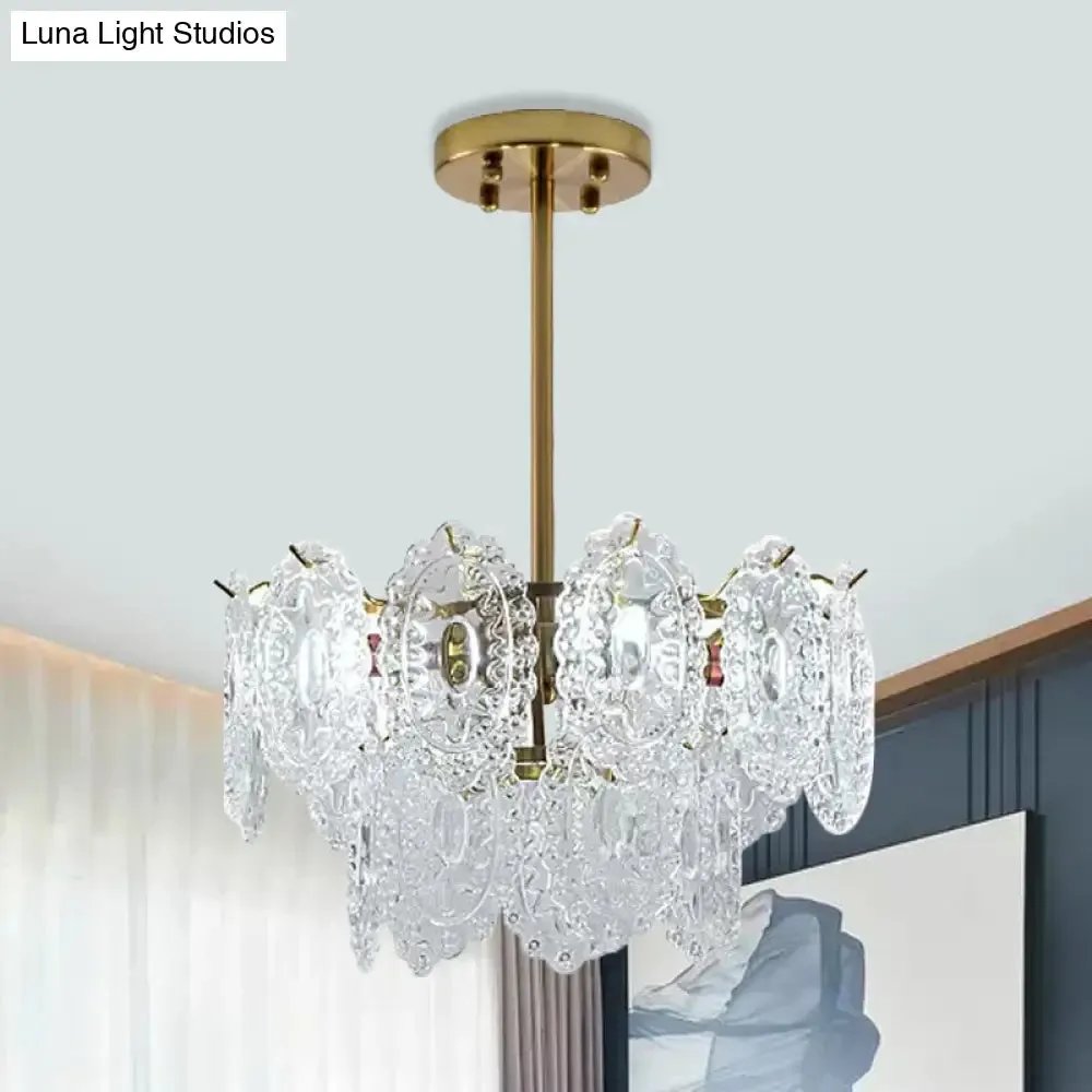 Modern Gold Glass Chandelier: Layered Scalloped Design, 4/6 Clear Bulbs, Hanging Bedroom Light Fixture