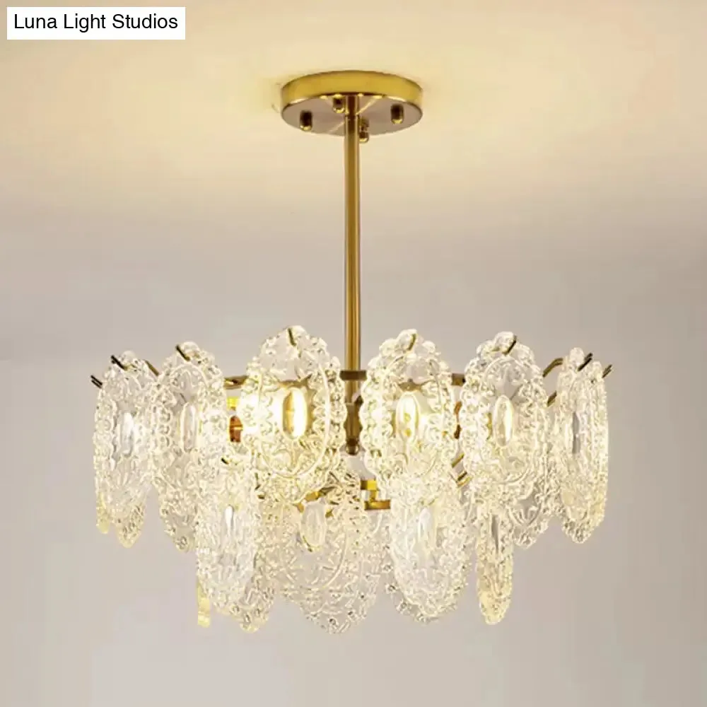 Modern Gold Glass Chandelier: Layered Scalloped Design, 4/6 Clear Bulbs, Hanging Bedroom Light Fixture