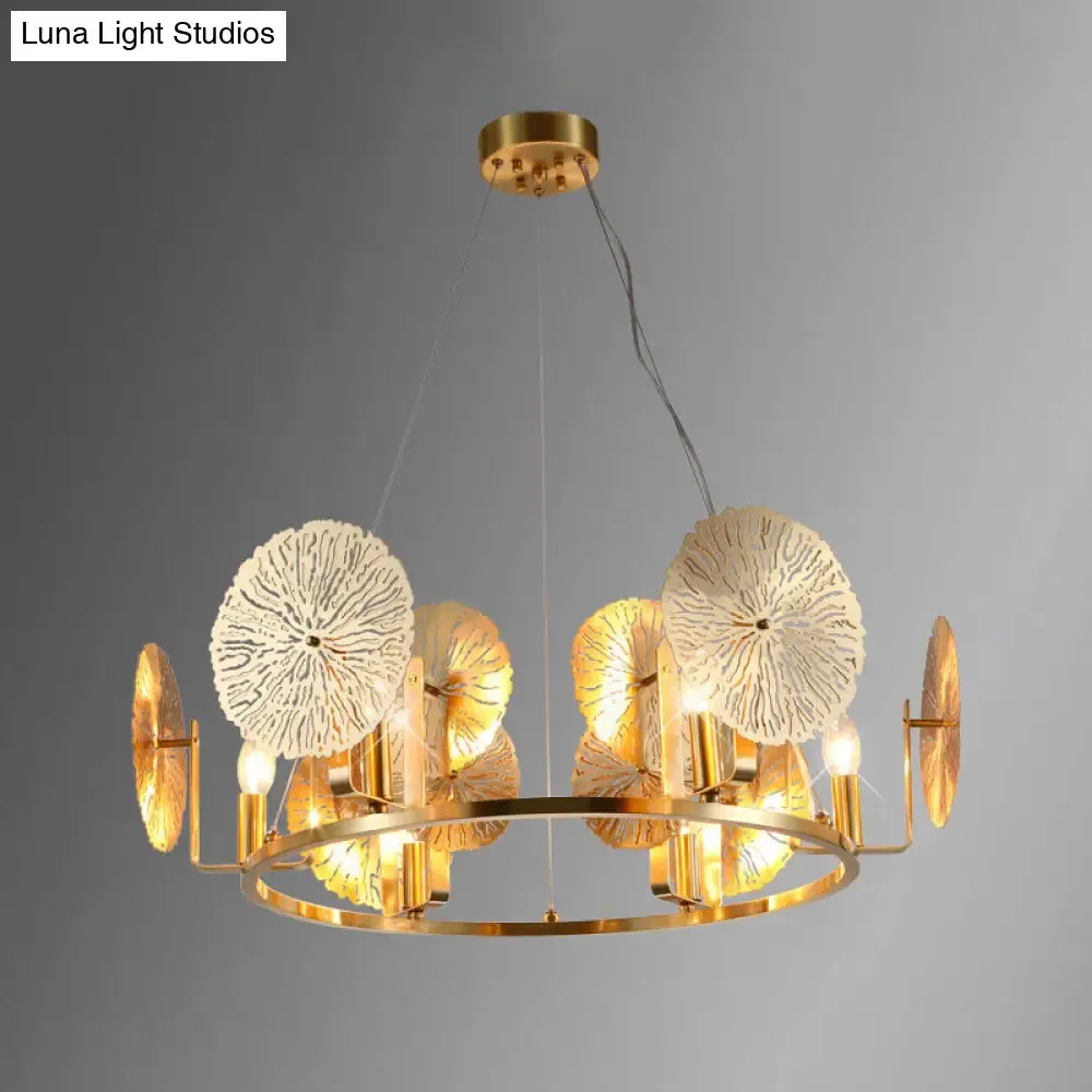 Modern Lotus Leaf Chandelier - Metal 6-Light Brass Hanging Light with Ring Design for Living Room