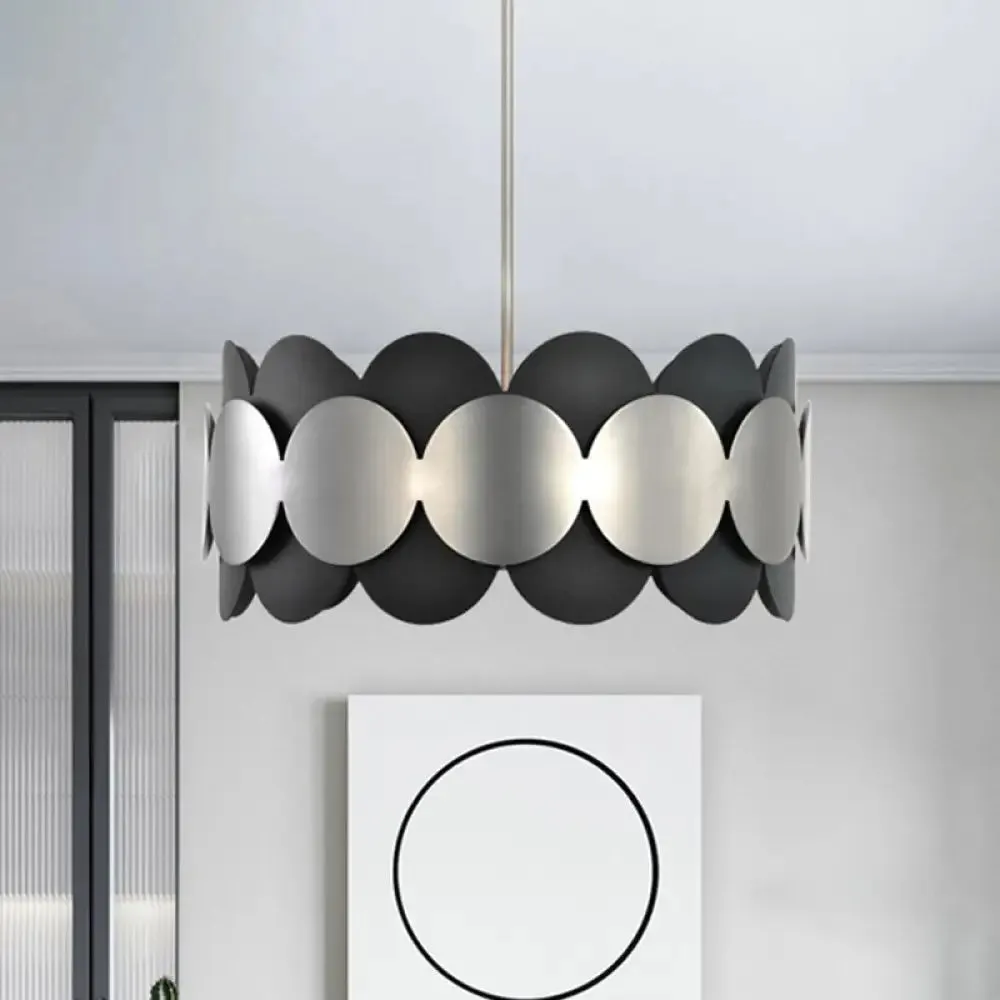 Modern Nordic Black Drum Pendant Light with 6 Bulbs - Metallic Ceiling Chandelier for Bedroom