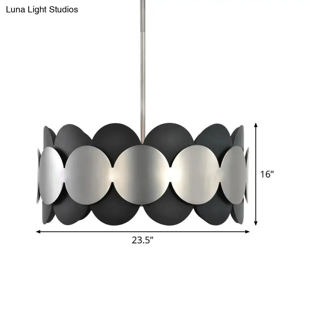 Modern Nordic Black Drum Pendant Light with 6 Bulbs - Metallic Ceiling Chandelier for Bedroom