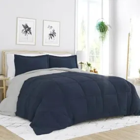 Navy Blue & Grey Dual-Sided Microfiber Comforter Set for Full/Queen Beds - 3-Piece Ensemble