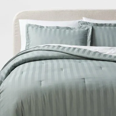 New - Threshold Cotton Damask Comforter Set Luxe Fabric, Teal Green, Full/Queen