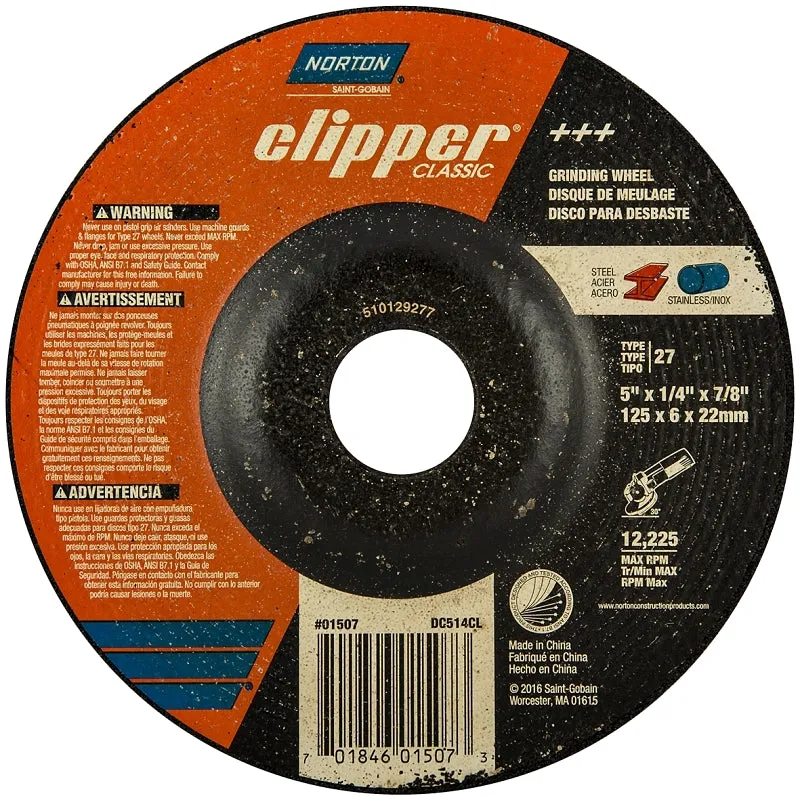 Norton Clipper Classic A AO Series 70184601507 Grinding Wheel, 5 in Dia, 1/4 in Thick, 7/8 in Arbor :EA: QUANTITY: 1