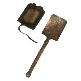 Original German WWII Square Head Entrenching Tool With Preßstoff Carrier by Cottbusser Lederwarenwerk Curt Vogel dated 1943 - Schanzzeug