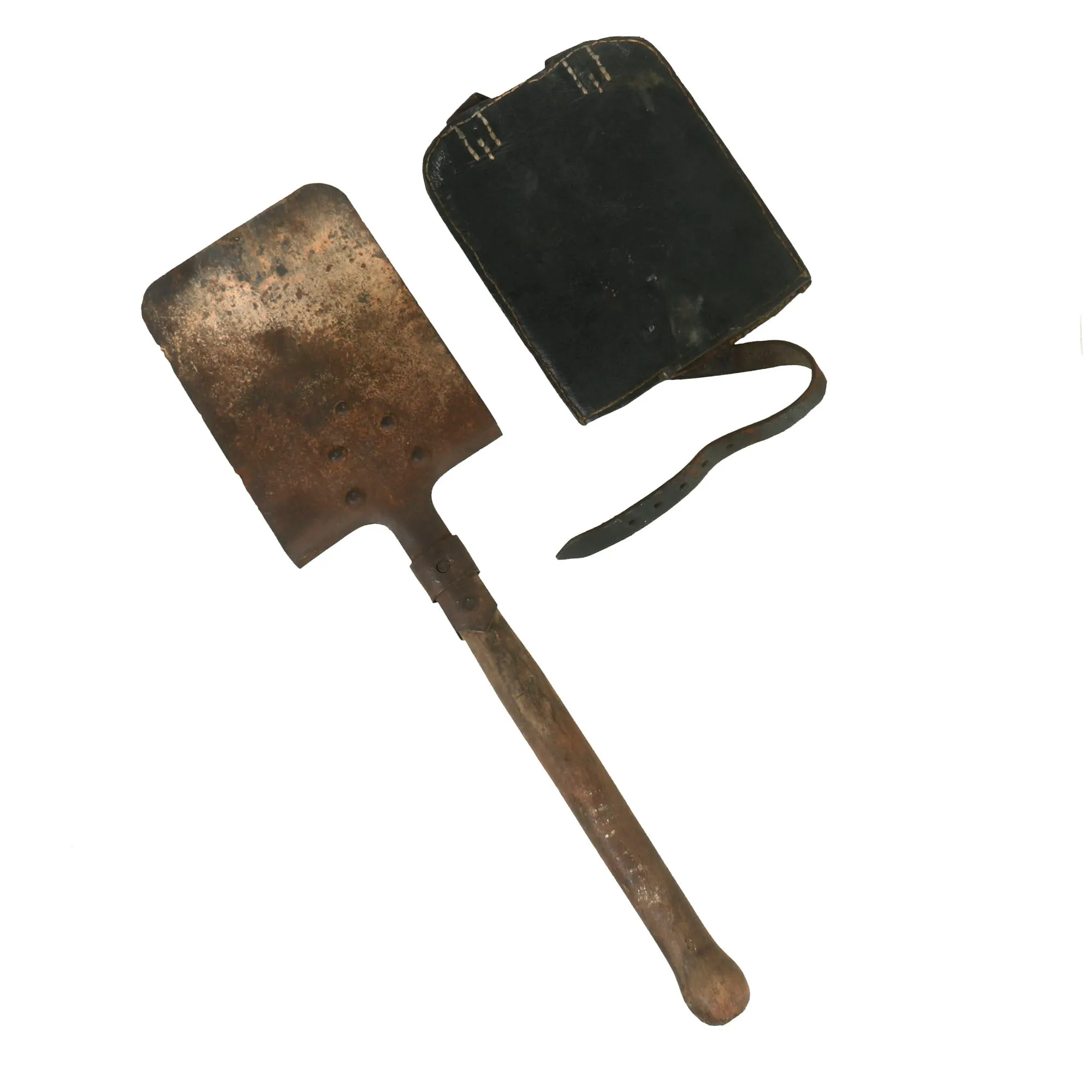 Original German WWII Square Head Entrenching Tool With Preßstoff Carrier by Cottbusser Lederwarenwerk Curt Vogel dated 1943 - Schanzzeug