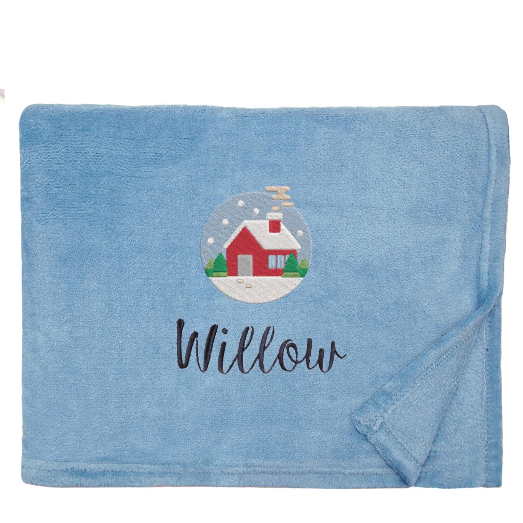 Personalised Cosy Christmas Blanket With Embroidered Festive Cottage Design