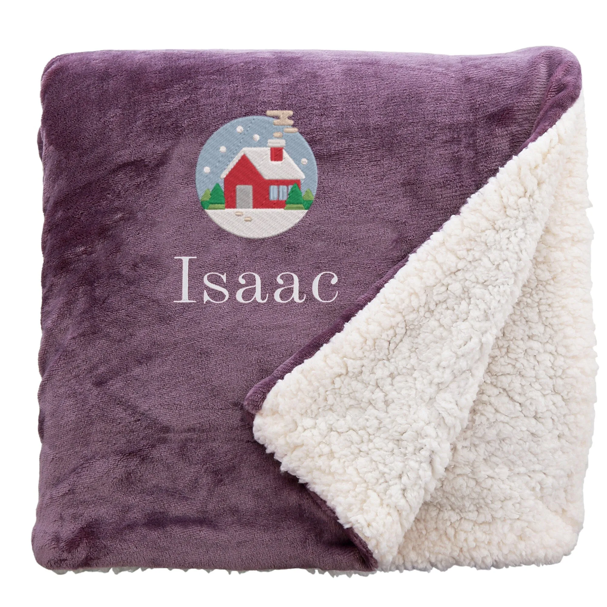 Personalised Cosy Christmas Blanket With Embroidered Festive Cottage Design