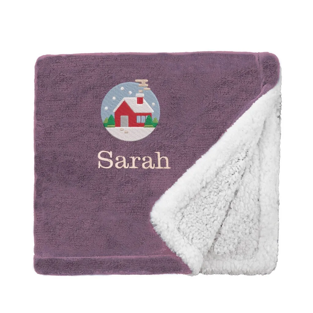 Personalised Cosy Christmas Blanket With Embroidered Festive Cottage Design