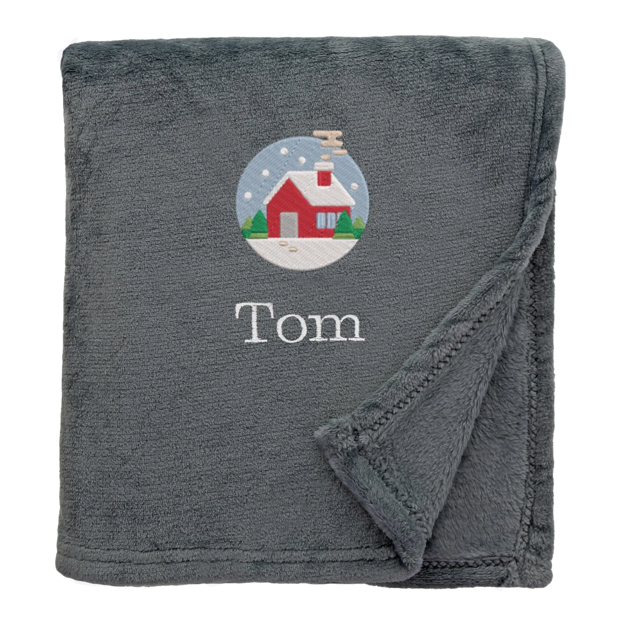 Personalised Cosy Christmas Blanket With Embroidered Festive Cottage Design