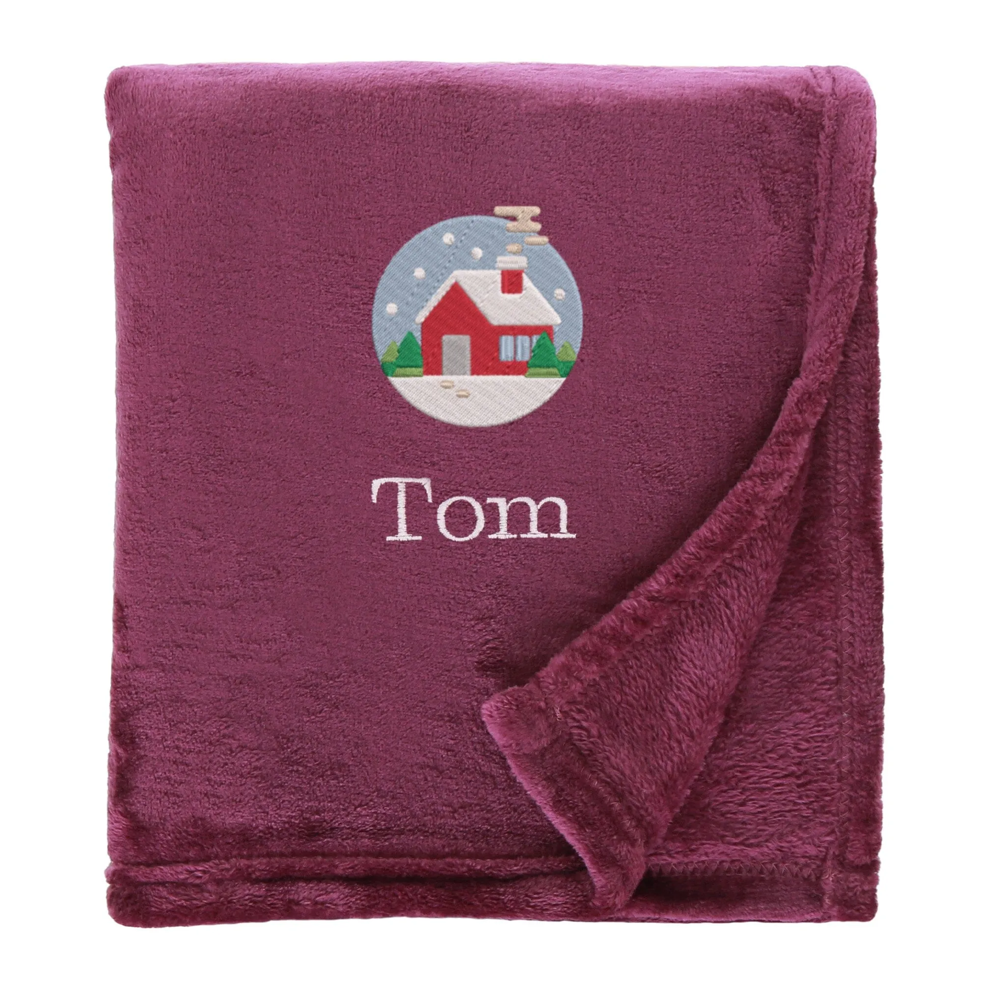 Personalised Cosy Christmas Blanket With Embroidered Festive Cottage Design