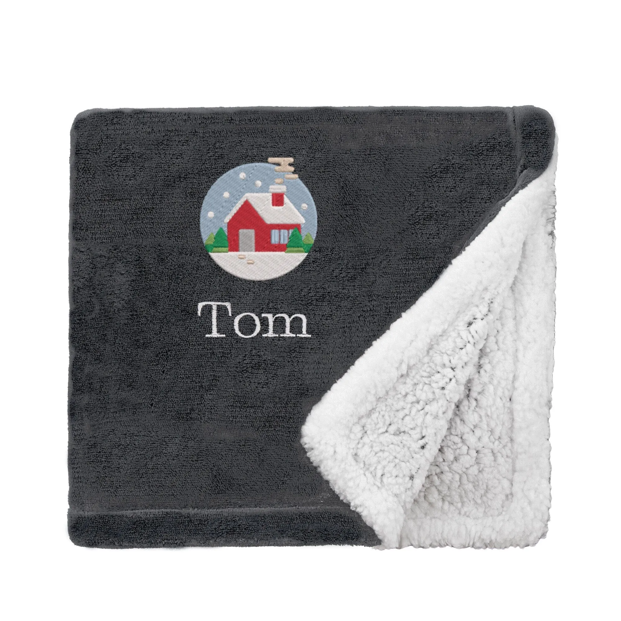 Personalised Cosy Christmas Blanket With Embroidered Festive Cottage Design