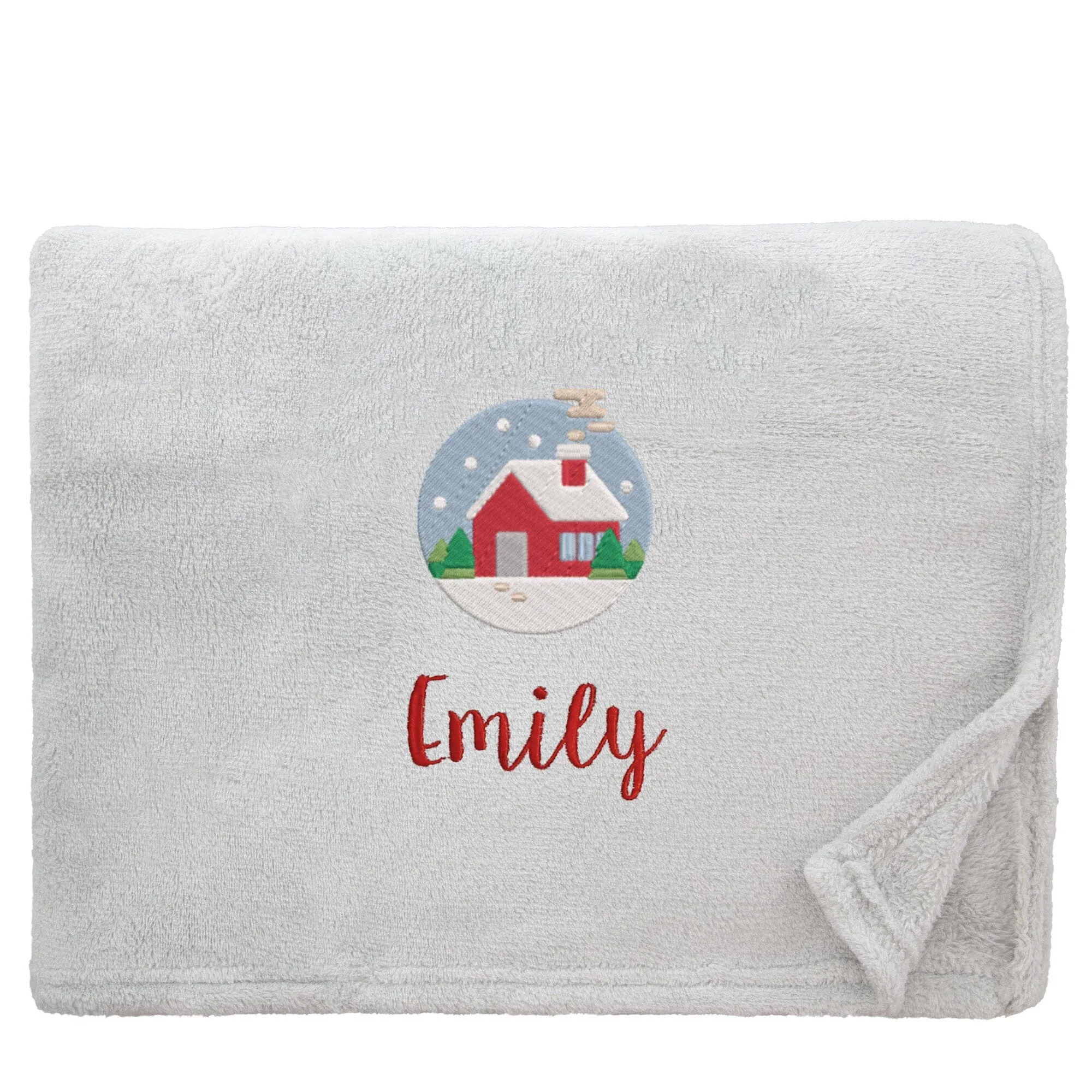 Personalised Cosy Christmas Blanket With Embroidered Festive Cottage Design