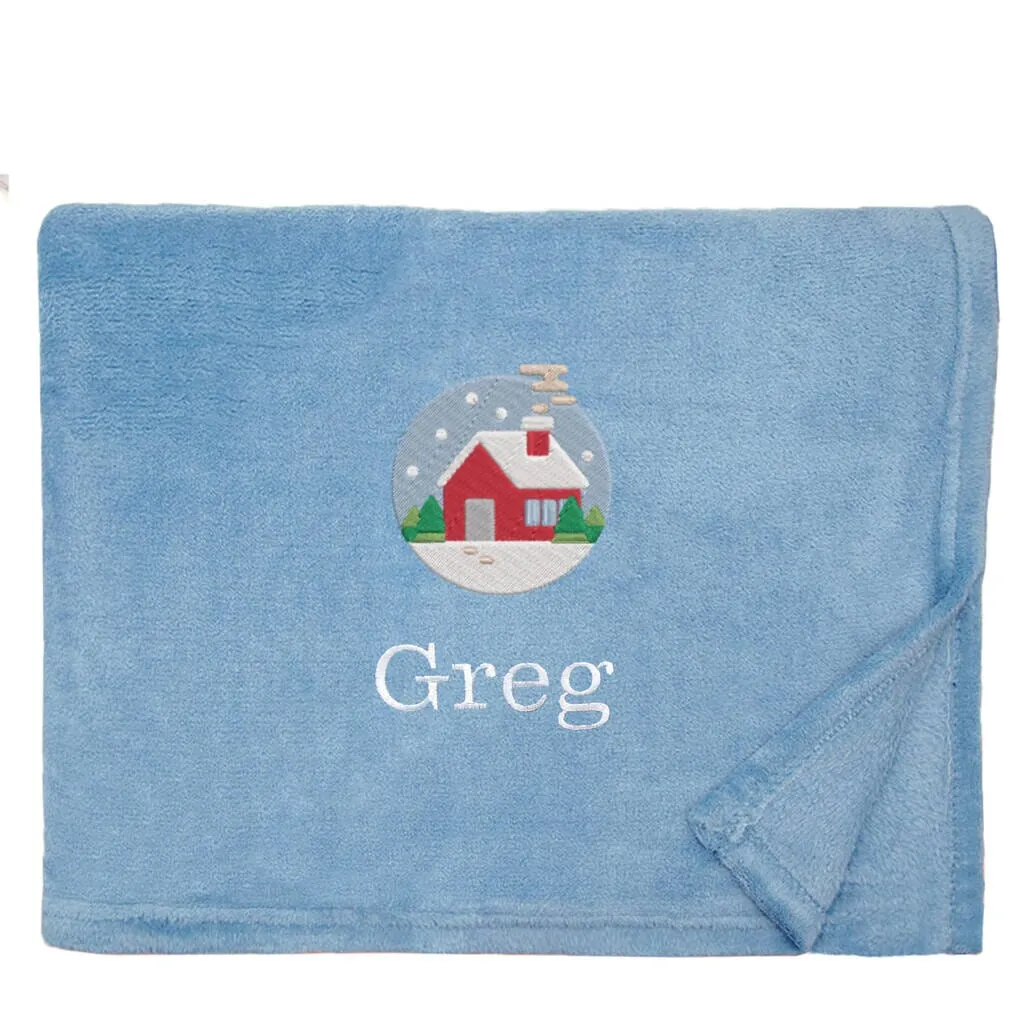 Personalised Cosy Christmas Blanket With Embroidered Festive Cottage Design