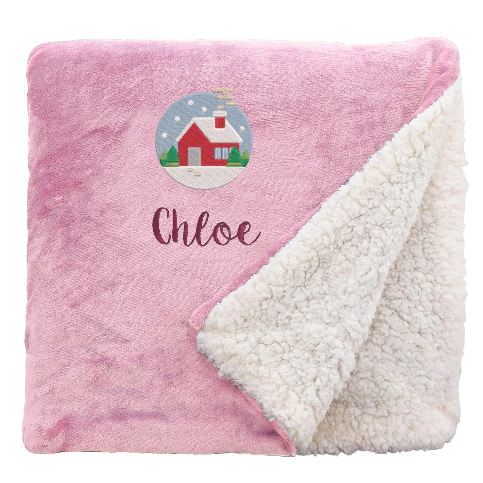 Personalised Cosy Christmas Blanket With Embroidered Festive Cottage Design