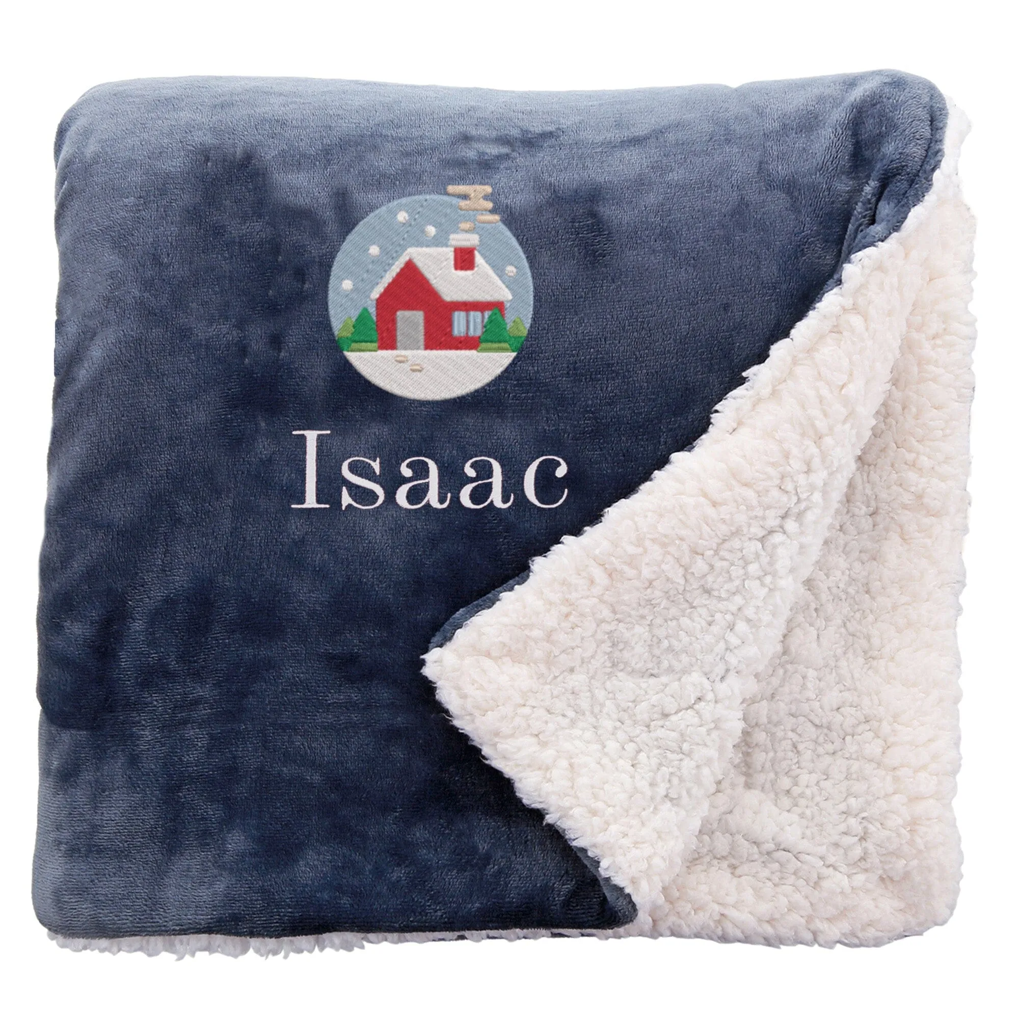 Personalised Cosy Christmas Blanket With Embroidered Festive Cottage Design