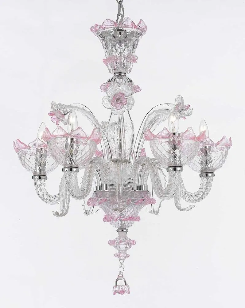 Pink Hand Blown Murano Venetian Style All Crystal Chandelier Chandeliers Lighting Great for Dining Room!Close out - Limited Availability - GB104-PINK/700/5