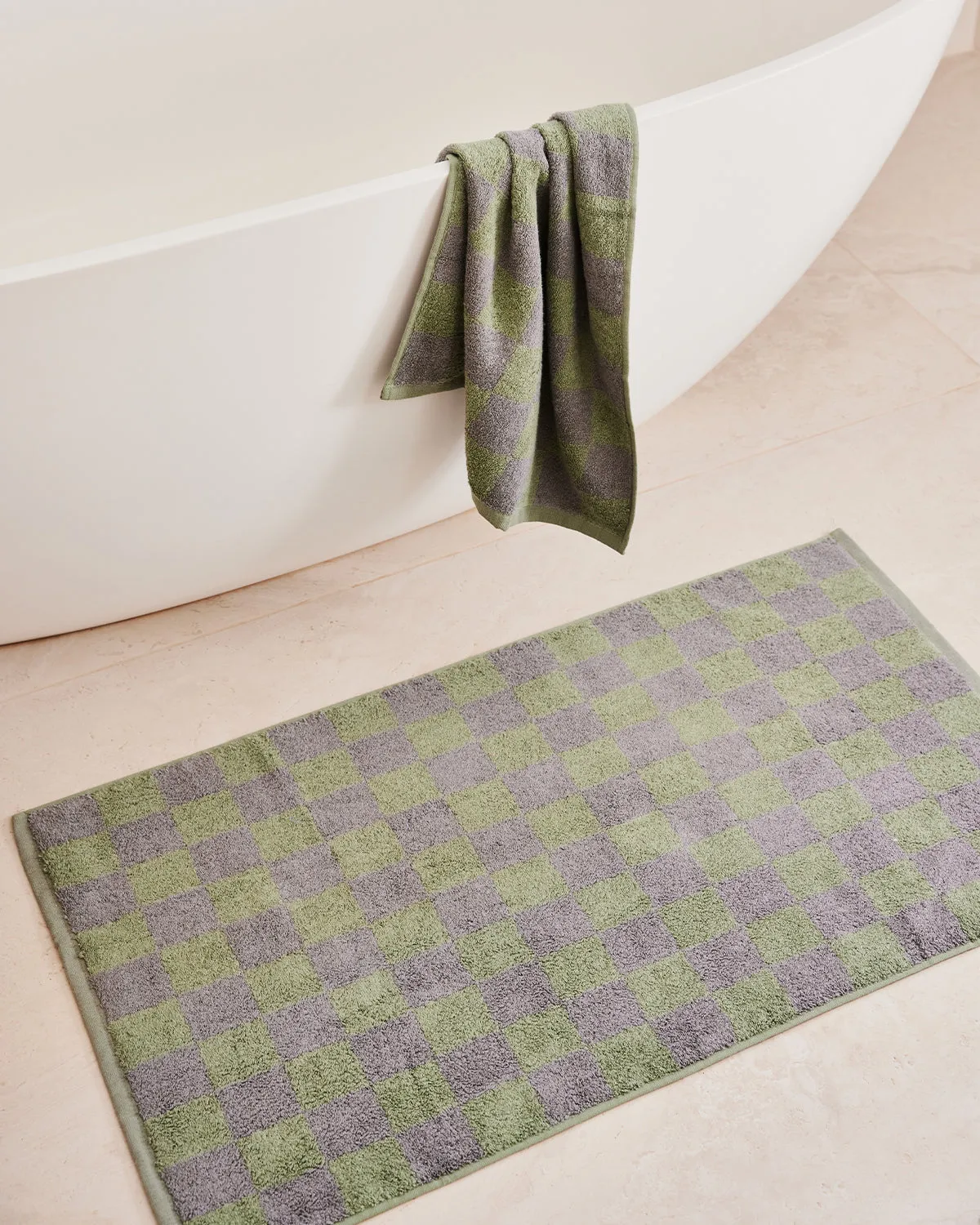 Pistachio & Mineral Check 100% French Flax Linen Terry Bath Mat