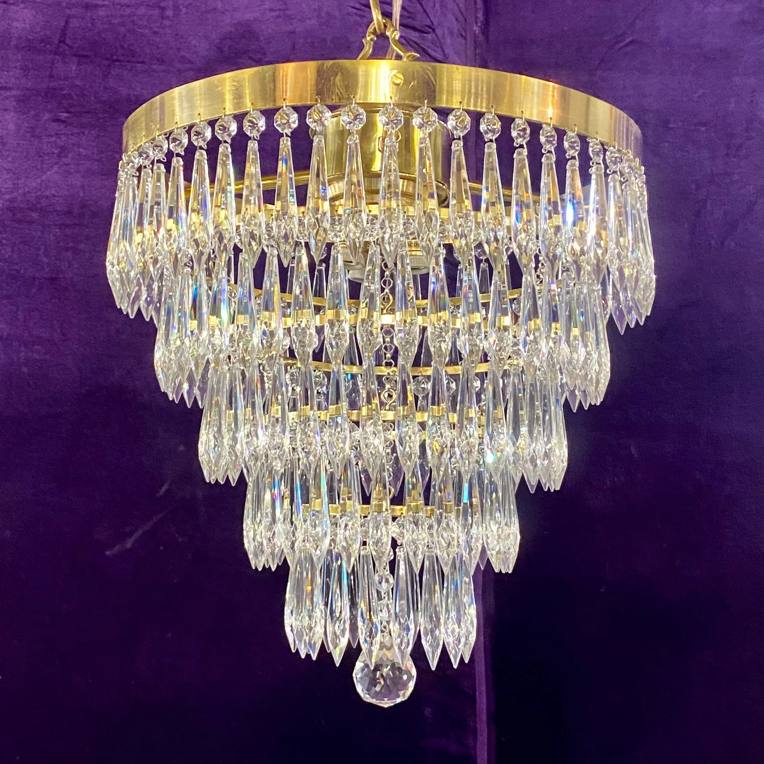 Polished Brass & Crystal Waterfall Chandelier