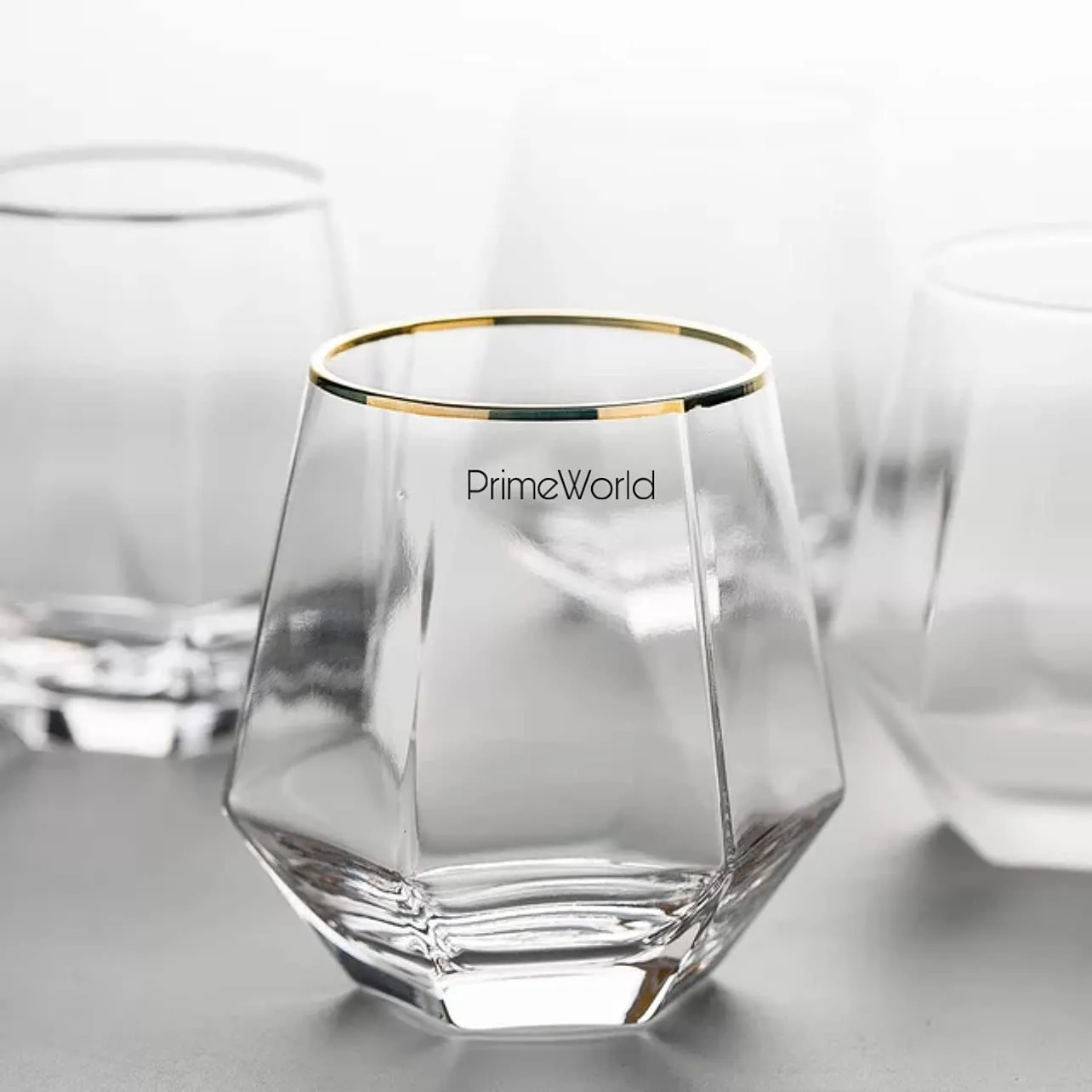 PrimeWorld Diamond Whiskey Glasses 300 ml Set of 6 Pcs, Gold Banded Glassware, Modern Ideal Glasses for- Rocks, Scotch, Bourbon, Liqueur, Cocktail,Cognac and Other Drinks etc