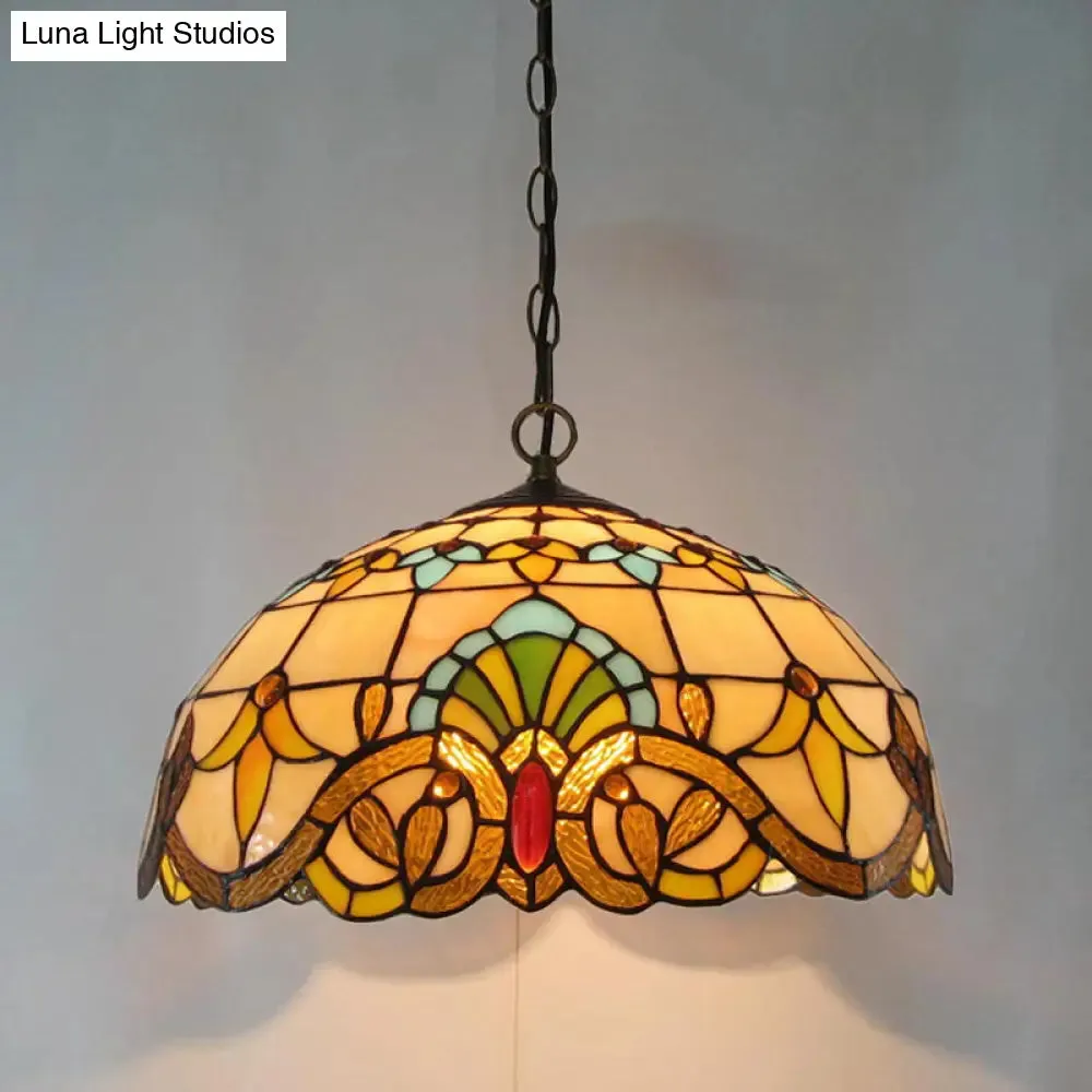 Retro Stained Glass Chandelier Pendant Light with 2 Heads in Beige Bowl Style