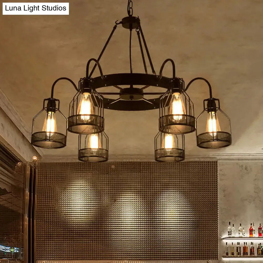 Retro Style 6/8-Light Chandelier with Wire Guard, Black Down/up Ceiling Light and Bell Shade