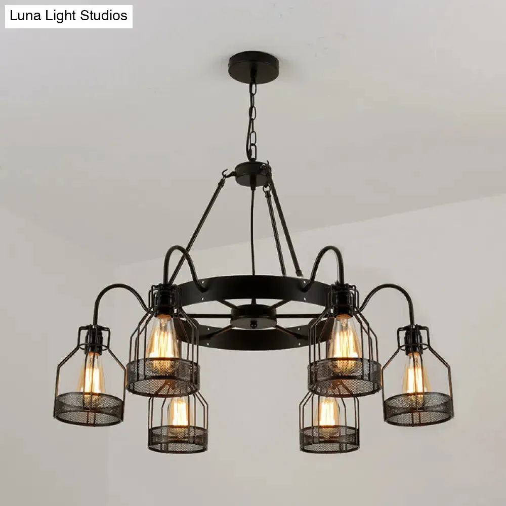 Retro Style 6/8-Light Chandelier with Wire Guard, Black Down/up Ceiling Light and Bell Shade