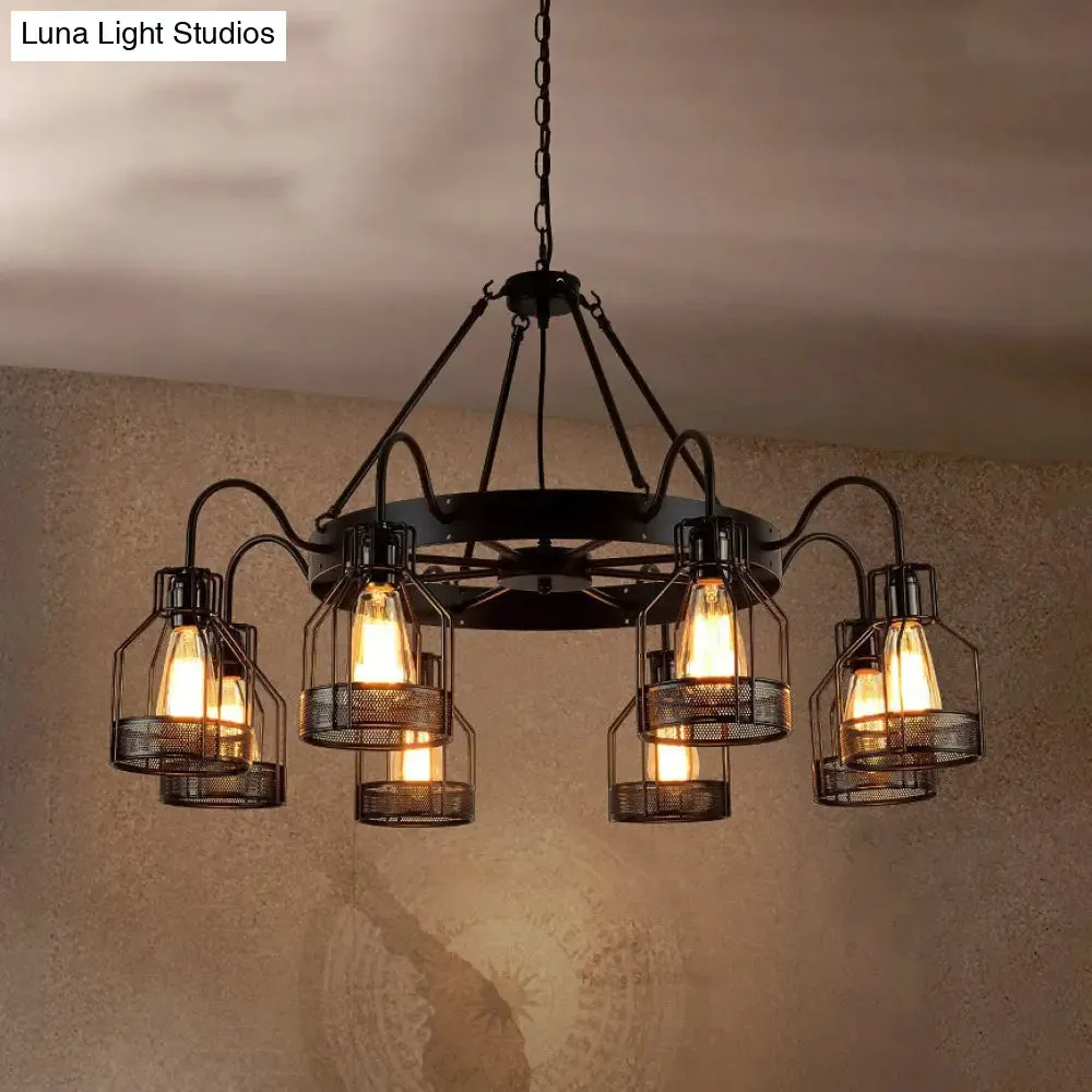 Retro Style 6/8-Light Chandelier with Wire Guard, Black Down/up Ceiling Light and Bell Shade