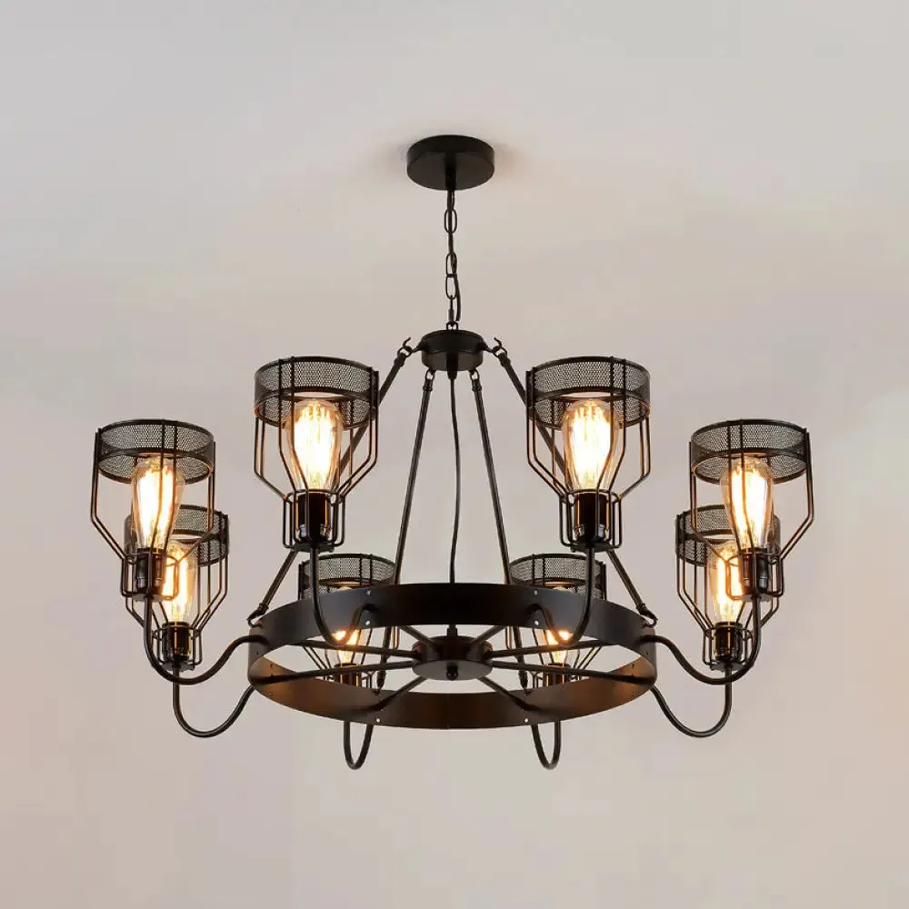 Retro Style 6/8-Light Chandelier with Wire Guard, Black Down/up Ceiling Light and Bell Shade