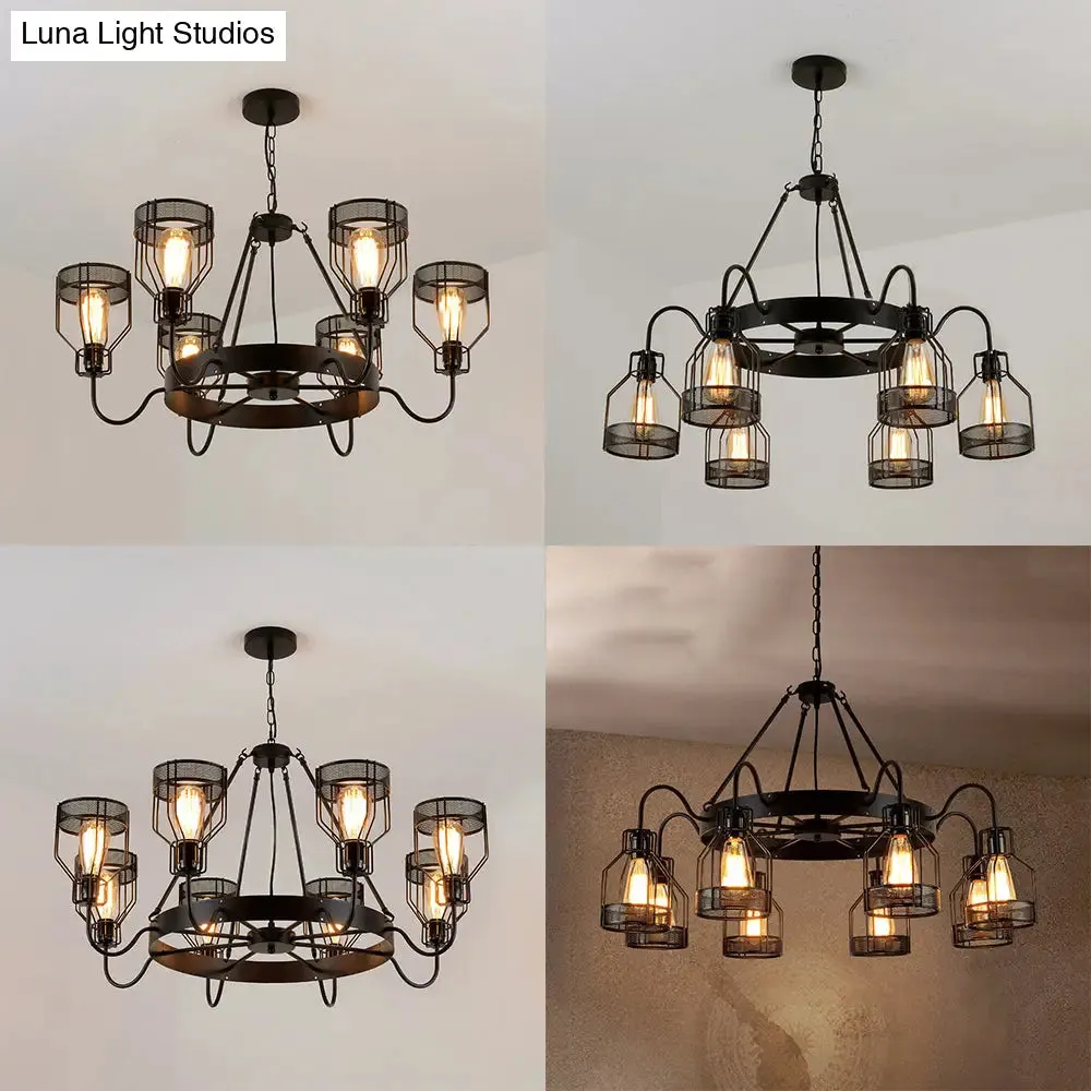 Retro Style 6/8-Light Chandelier with Wire Guard, Black Down/up Ceiling Light and Bell Shade