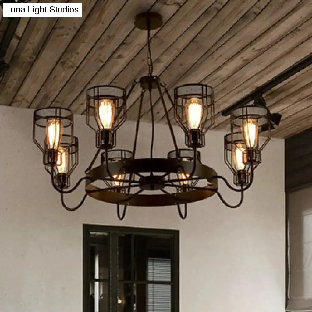 Retro Style 6/8-Light Chandelier with Wire Guard, Black Down/up Ceiling Light and Bell Shade