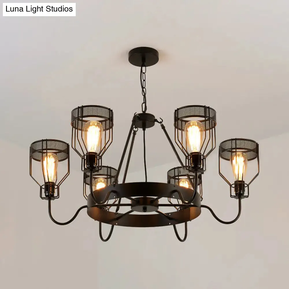 Retro Style 6/8-Light Chandelier with Wire Guard, Black Down/up Ceiling Light and Bell Shade