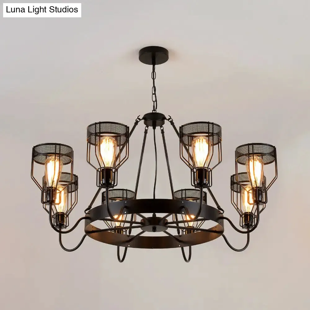 Retro Style 6/8-Light Chandelier with Wire Guard, Black Down/up Ceiling Light and Bell Shade