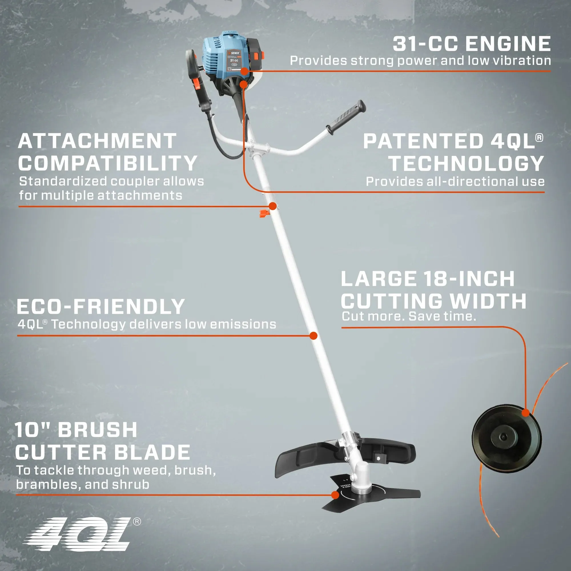 Senix 4QL Brush Cutter 10" and String Trimmer 18" 31cc 4-Cycle Gas Powered New