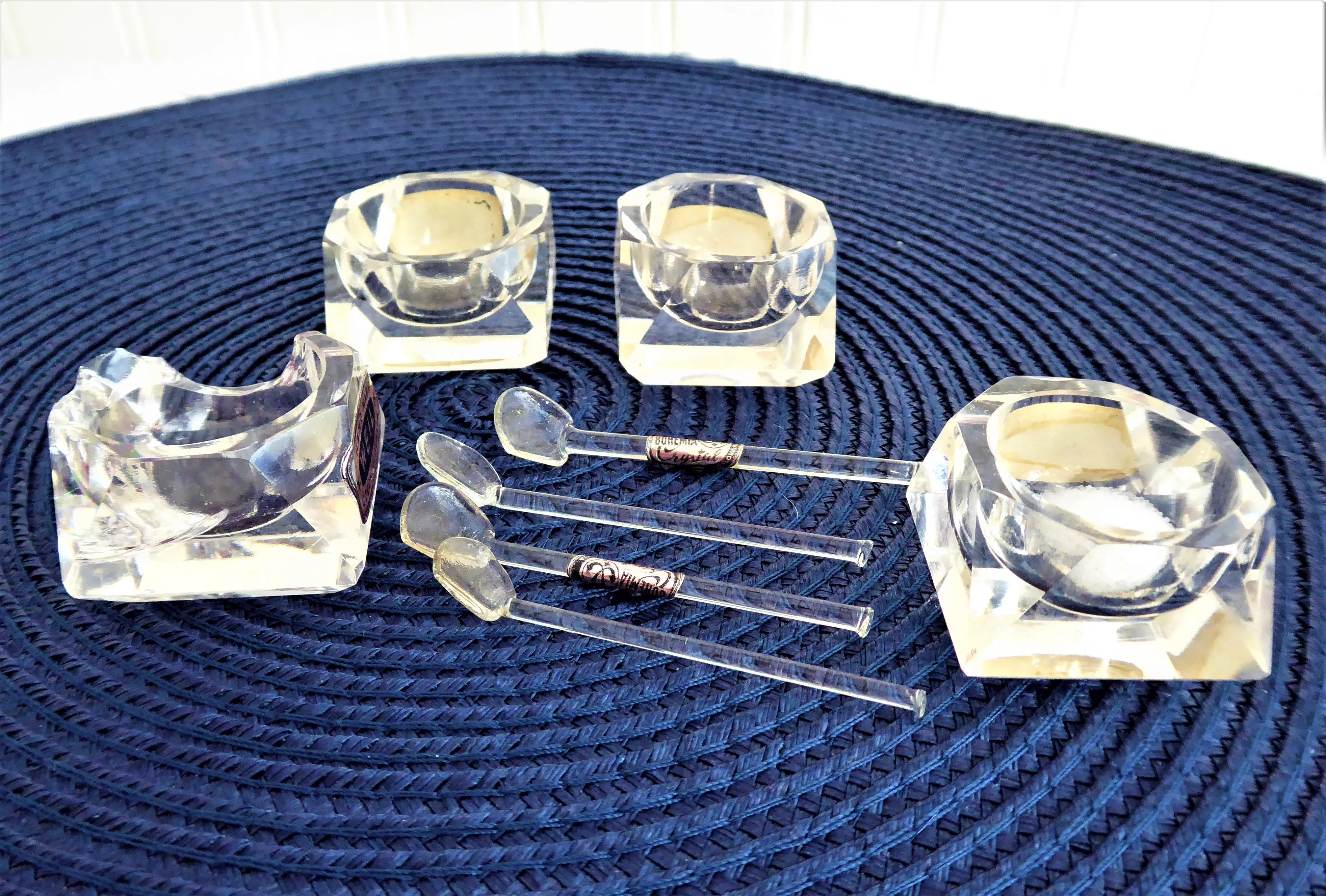 Set 4 Vintage Czech Open Salts With Spoons Faceted Crystal Salt Cellars Hand Faceted