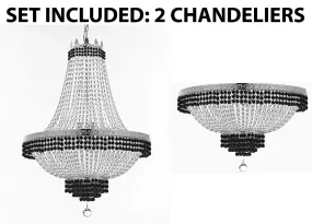 Set of 2-1 French Empire Crystal Chandelier Lighting Trimmed w/Jet Black Crystal! H36" X W30" and 1 Flush French Empire Crystal Chandelier Lighting Trimmed w/Jet Black Crystal! H18" X W24" - B79/CS/870/14   B79/CS/FLUSH/870/9