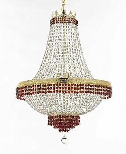 Set of 2-1 Moroccan Style French Empire Crystal Chandeliers Lighting Trimmed w/Ruby Red Crystal! H36 W30 and 1 Flush French Empire Crystal Chandelier Lighting Trimmed w/Ruby Red Crystal! H21 W30 - B74/CG/870/14   B74/CG/FLUSH/870/14