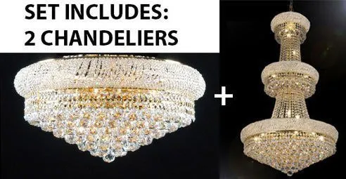 Set Of 2 - French Empire Crystal Chandelier H50" X W30" - Perfect For An Entryway Or Foyer   Flush Empire Crystal Chandelier Lighting 15X24 - 1Ea-A93-541/24 1Ea-F93-Flush/542/15