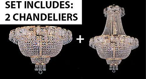 Set Of 2 - French Empire Crystal Chandelier Lighting H 30" W24"   Flush French Empire Crystal Chandelier Lighting 19.5" X 24" - 1Ea-A93-928/9 1Ea-A93-Flush/Cg/928/9