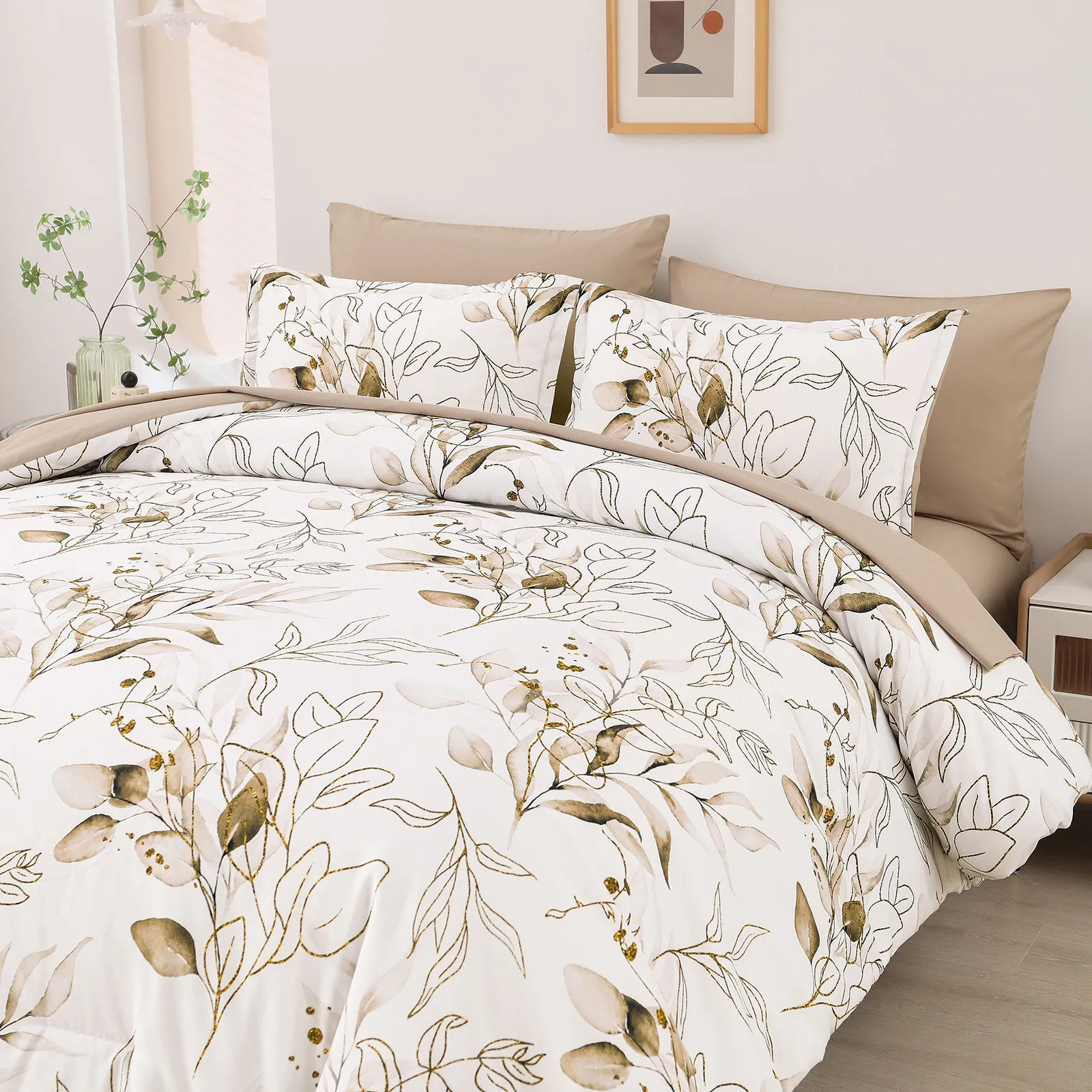 Soft Floral Leaf Comforter Set, King Size, Plush Quilted Bedding with Pillowcases