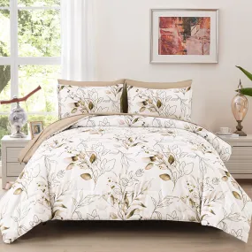 Soft Floral Leaf Comforter Set, King Size, Plush Quilted Bedding with Pillowcases