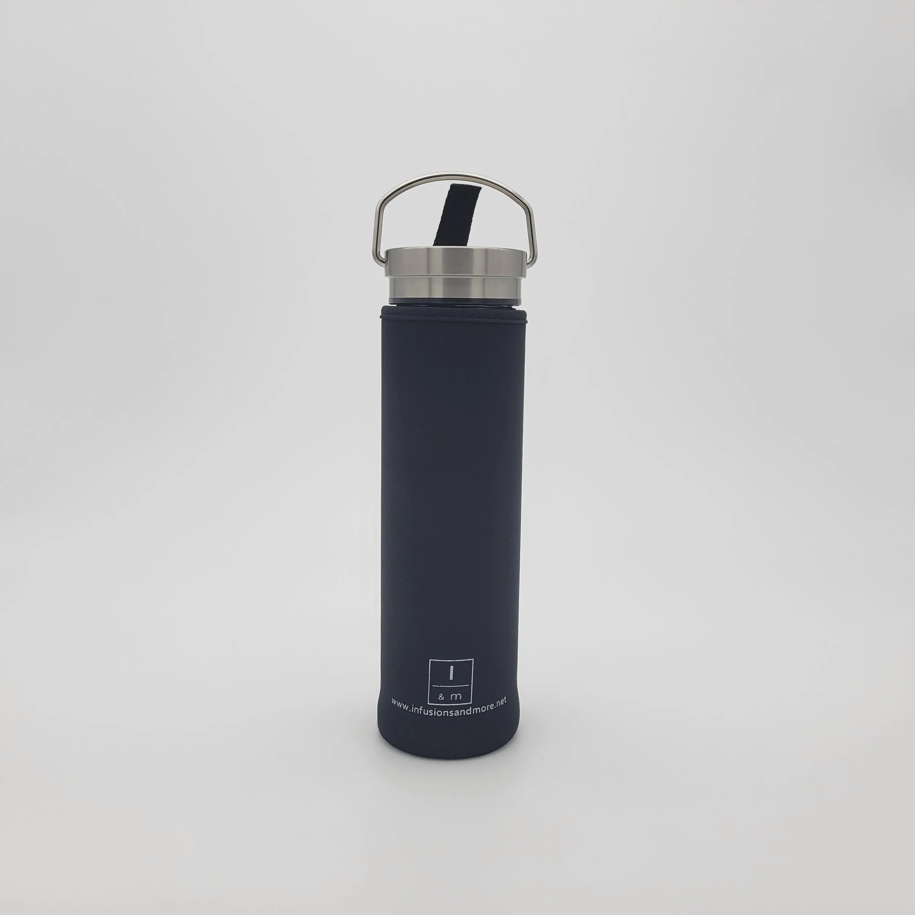 Stainless steel and borosilicate glass double wall bottle with infuser and neoprene sleeve. Travel bottle. Coffee cup, Iced tea tumbler. I&m