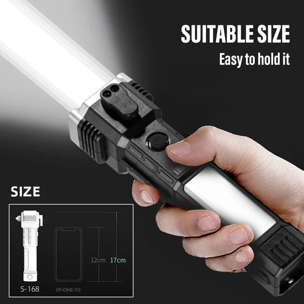 Super Bright LED Flashlight with Safety Hammer and Strong Magnets Side Light Torch Light Portable Lantern for Adventure Camping