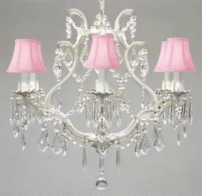 Swarovski Crystal Trimmed Chandelier Wrought Iron Crystal Chandelier Lighting H 19" W 20" - With Pink Shades - A83-Pinkshades/White/3530/6 Sw