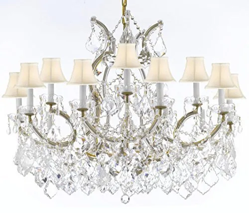 Swarovski Crystal Trimmed Maria Theresa Chandelier Crystal Lighting Chandeliers Lights Fixture Pendant Ceiling Lamp For Dining Room Entryway Living Room With Large Luxe Crystals H28" X W37" - A83-Cg/B89/Whiteshades/21510/15 1Sw